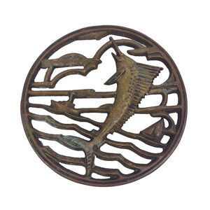 Vintage Brass Sail Fish Marlin Footed Trivet 5" Sailboat Ocean Fishing Patina